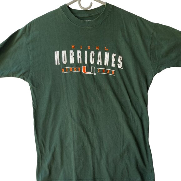 Vintage UM University of Miami Embroidered T Shirt Size L Green Orange Cotton - Picture 1 of 12